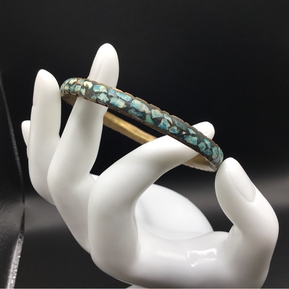 Jewelry - Vintage Brass BANGLE bracelet set with turquoise tinted crush stone mosaic inlay